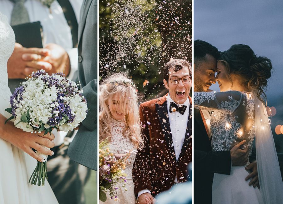 Trois photos de mariage côte à côte. La première montre la main d'une mariée tenant un bouquet, face à son mari. La deuxième, un jeune couple sous une pluie de confetti. La troisième représente les mariés en train de danser sous des guirlandes lumineuses.