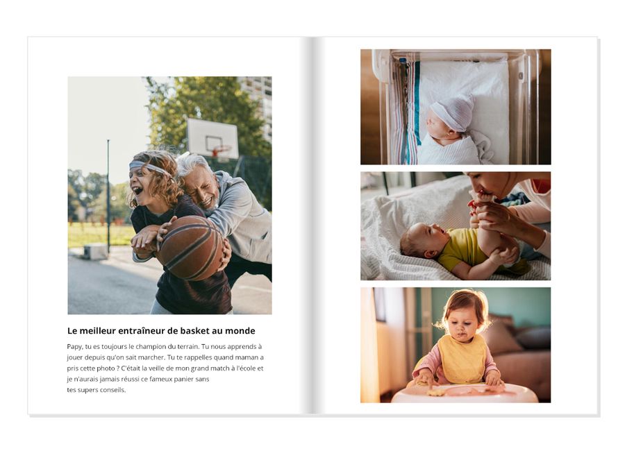 Livre photo ouvert sur deux pages. La première montre une photo d'un grand-père jouant au basket avec son petit-fils, au-dessus d'une légende. La deuxième affiche trois photos d'un enfant à différents stades de la vie, d'abord nouveau-né, puis bébé et enfin dans une chaise haute.